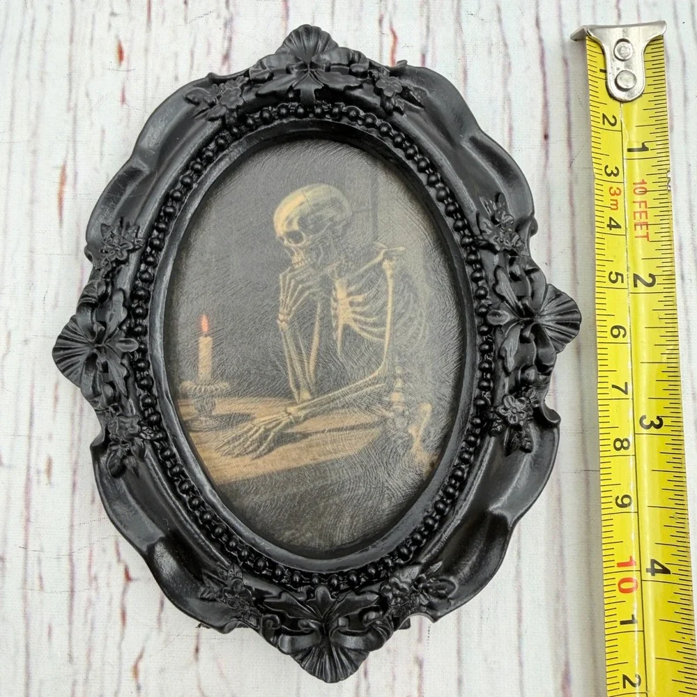 Gothic Pensive Skeleton Art Print Decoupaged in Black Ornate Resin Frame